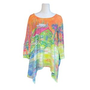 Leoma Lovegrove Women Top Lg Island Ship 3/4 Sleeve Art To Wear Asymmetrical Hem